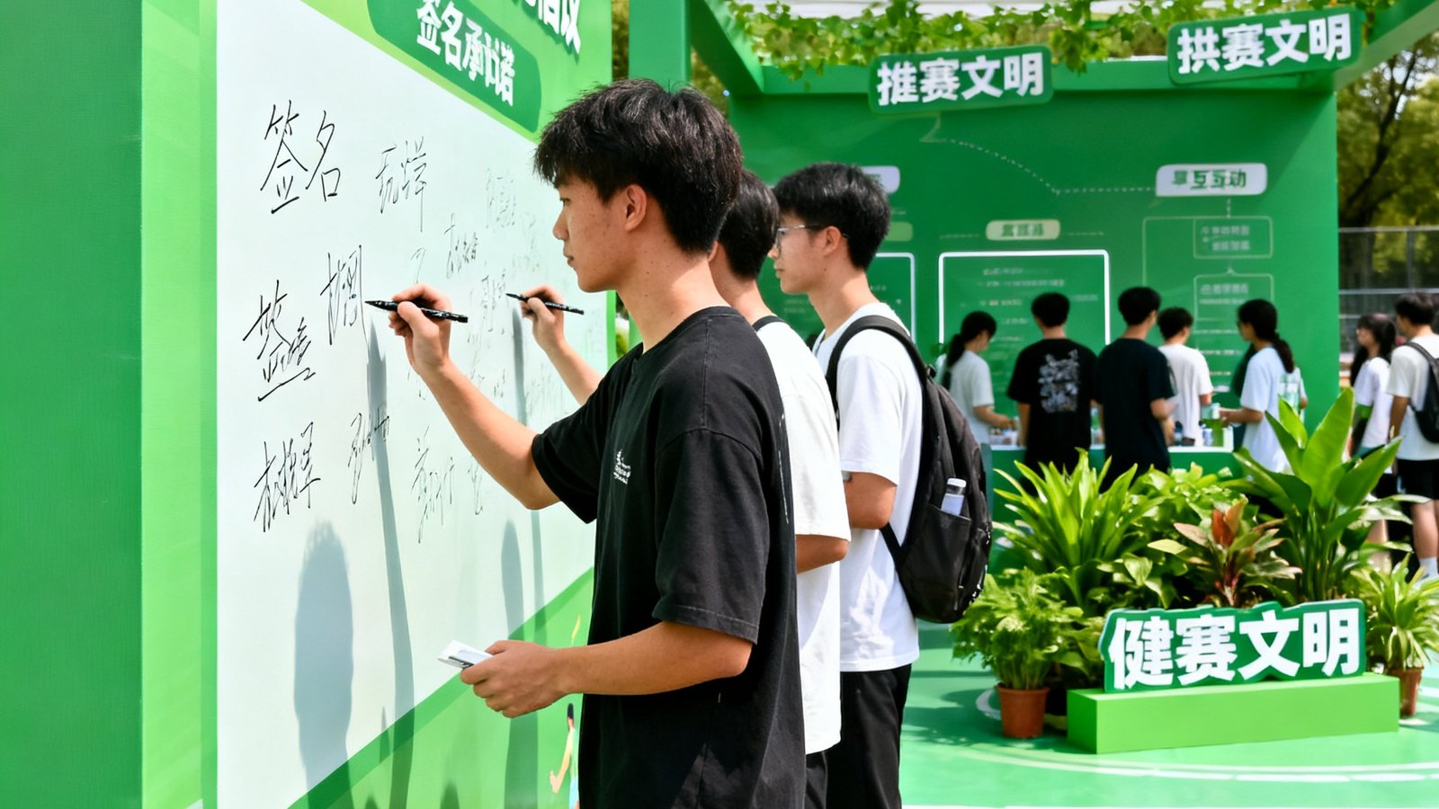 竞技宝发起的健康观赛文化倡议活动现场照片，多名大学生在签名墙上写下文明观赛承诺，背景是绿色主题的宣传展板和互动区域。