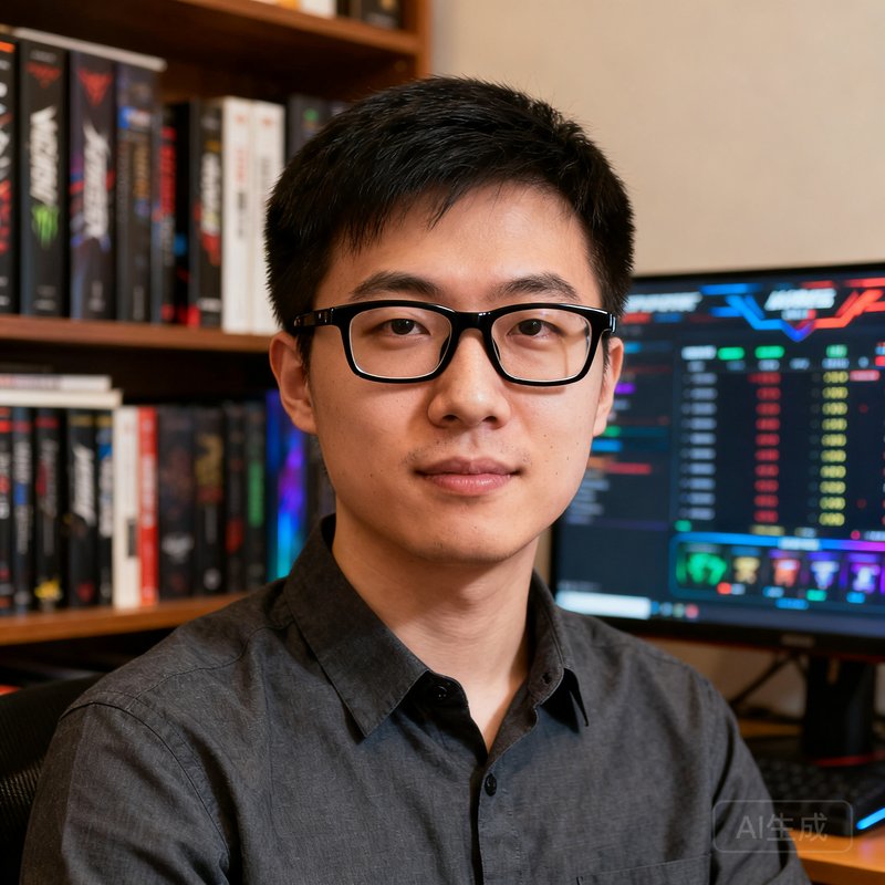 竞技宝创始人周明远的半身肖像照，他戴着黑框眼镜，身穿深灰色衬衫，背景是摆满电竞书籍的书架和一台显示着赛事数据的显示器。