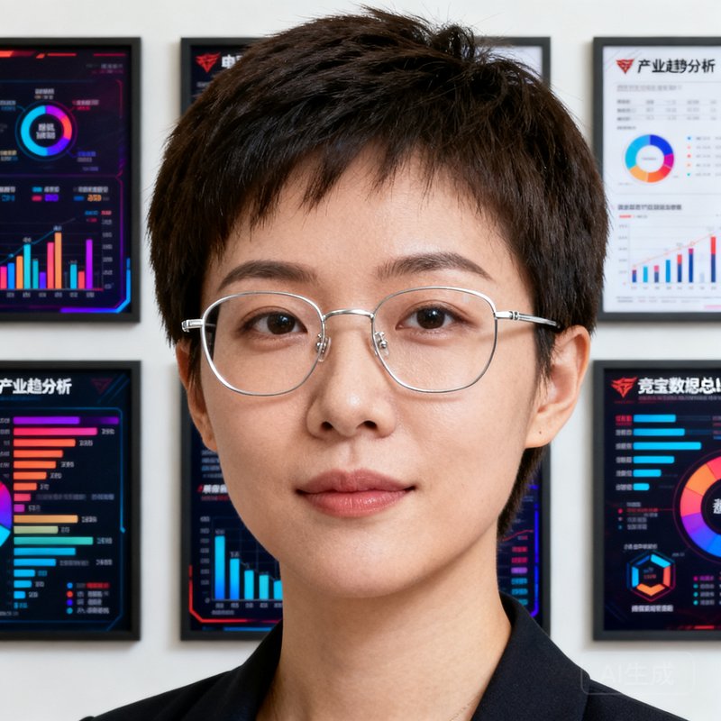 竞技宝数据总监赵一琳的正面半身照，她留着短发，佩戴银色细框眼镜，身后墙面挂着多张数据可视化图表和电竞产业趋势分析海报。